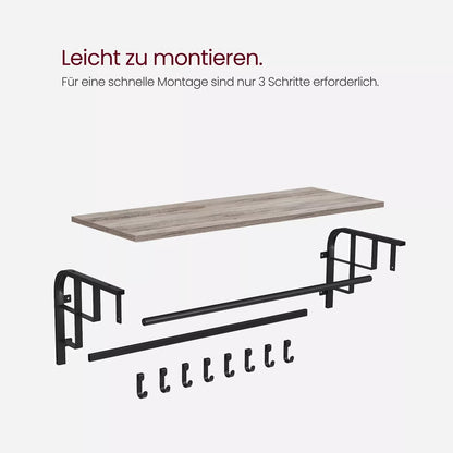 In And OutdoorMatch Wandkapstok Prince - met Plank - Wandplank - met 5 Verwijderbare Haken - Hangplank - Wandmontage - Kledingstang - voor Hal - Slaapkamer - Badkamer - Vintage Bruin/Zwart Kapstok