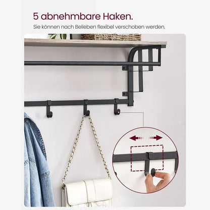 In And OutdoorMatch Wandkapstok Prince - met Plank - Wandplank - met 5 Verwijderbare Haken - Hangplank - Wandmontage - Kledingstang - voor Hal - Slaapkamer - Badkamer - Vintage Bruin/Zwart Kapstok