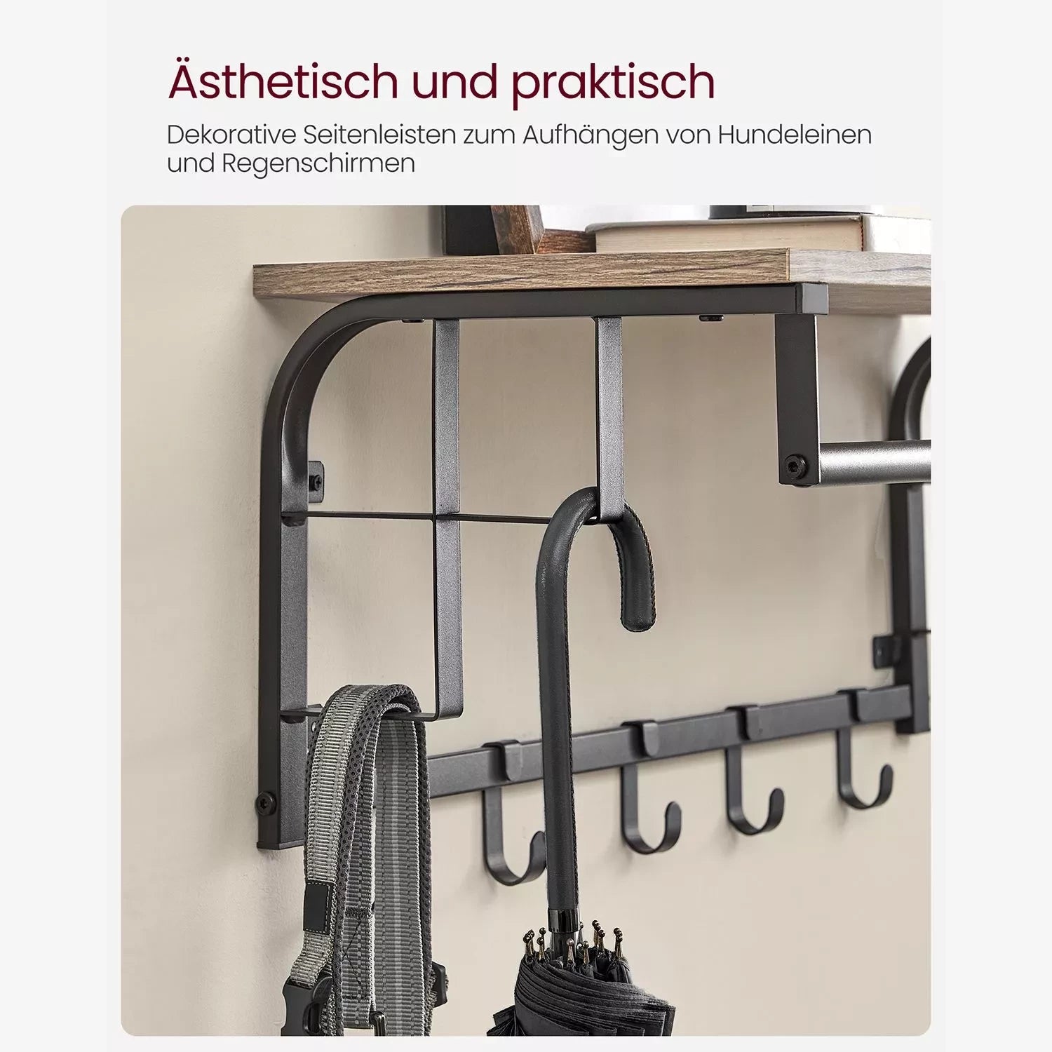 In And OutdoorMatch Wandkapstok Prince - met Plank - Wandplank - met 5 Verwijderbare Haken - Hangplank - Wandmontage - Kledingstang - voor Hal - Slaapkamer - Badkamer - Vintage Bruin/Zwart Kapstok