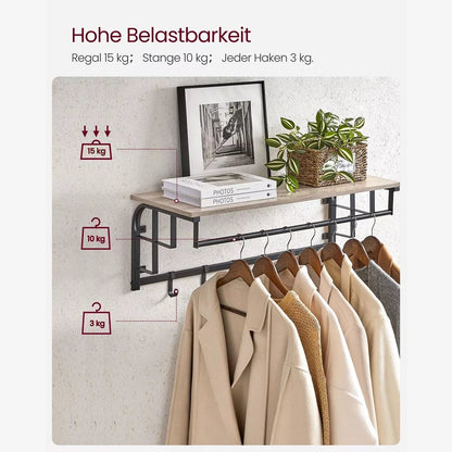 In And OutdoorMatch Wandkapstok Prince - met Plank - Wandplank - met 5 Verwijderbare Haken - Hangplank - Wandmontage - Kledingstang - voor Hal - Slaapkamer - Badkamer - Vintage Bruin/Zwart Kapstok