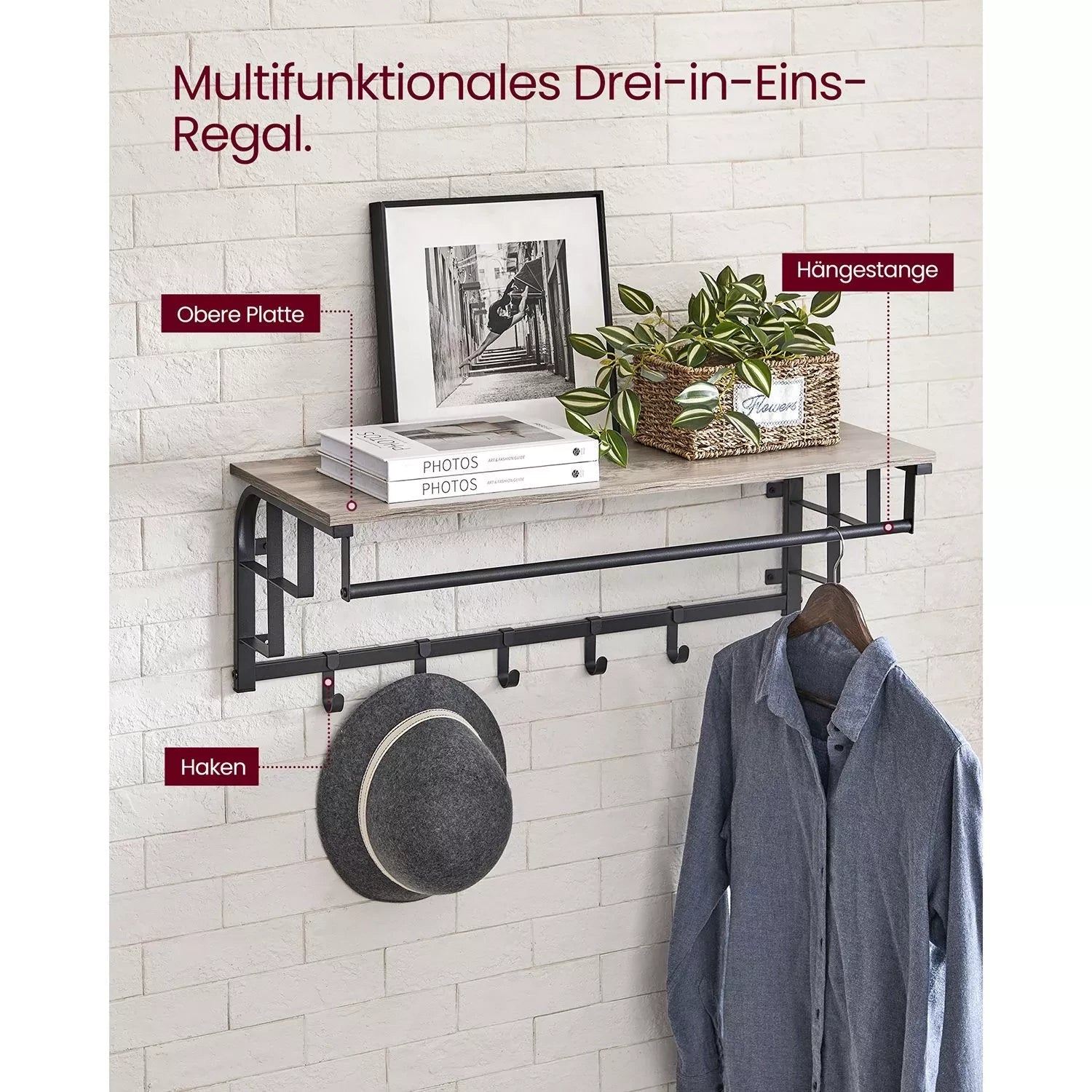 In And OutdoorMatch Wandkapstok Prince - met Plank - Wandplank - met 5 Verwijderbare Haken - Hangplank - Wandmontage - Kledingstang - voor Hal - Slaapkamer - Badkamer - Vintage Bruin/Zwart Kapstok