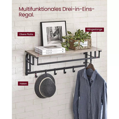 In And OutdoorMatch Wandkapstok Prince - met Plank - Wandplank - met 5 Verwijderbare Haken - Hangplank - Wandmontage - Kledingstang - voor Hal - Slaapkamer - Badkamer - Vintage Bruin/Zwart Kapstok