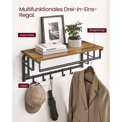 In And OutdoorMatch Wandkapstok Sammy - met Plank - Wandplank - met 10 Verwijderbare Haken - Hangplank - Wandmontage - 2 Kapstokken - Kledingstang - voor Hal - Slaapkamer - Badkamer - Vintage Bruin/Zwart Kapstok