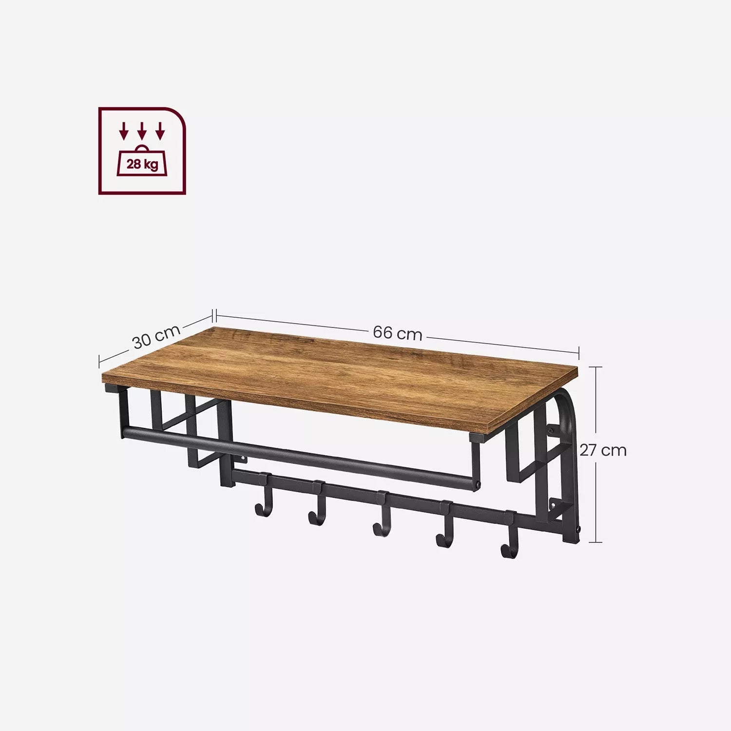 In And OutdoorMatch Wandkapstok Sammy - met Plank - Wandplank - met 10 Verwijderbare Haken - Hangplank - Wandmontage - 2 Kapstokken - Kledingstang - voor Hal - Slaapkamer - Badkamer - Vintage Bruin/Zwart Kapstok