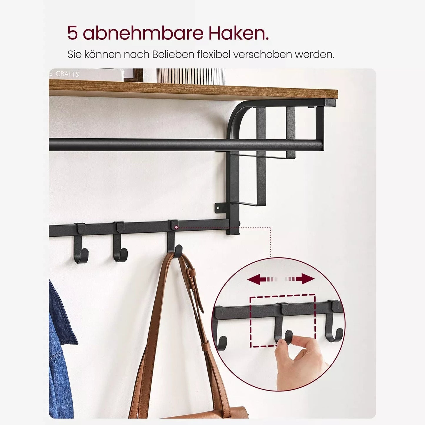 In And OutdoorMatch Wandkapstok Sammy - met Plank - Wandplank - met 10 Verwijderbare Haken - Hangplank - Wandmontage - 2 Kapstokken - Kledingstang - voor Hal - Slaapkamer - Badkamer - Vintage Bruin/Zwart Kapstok