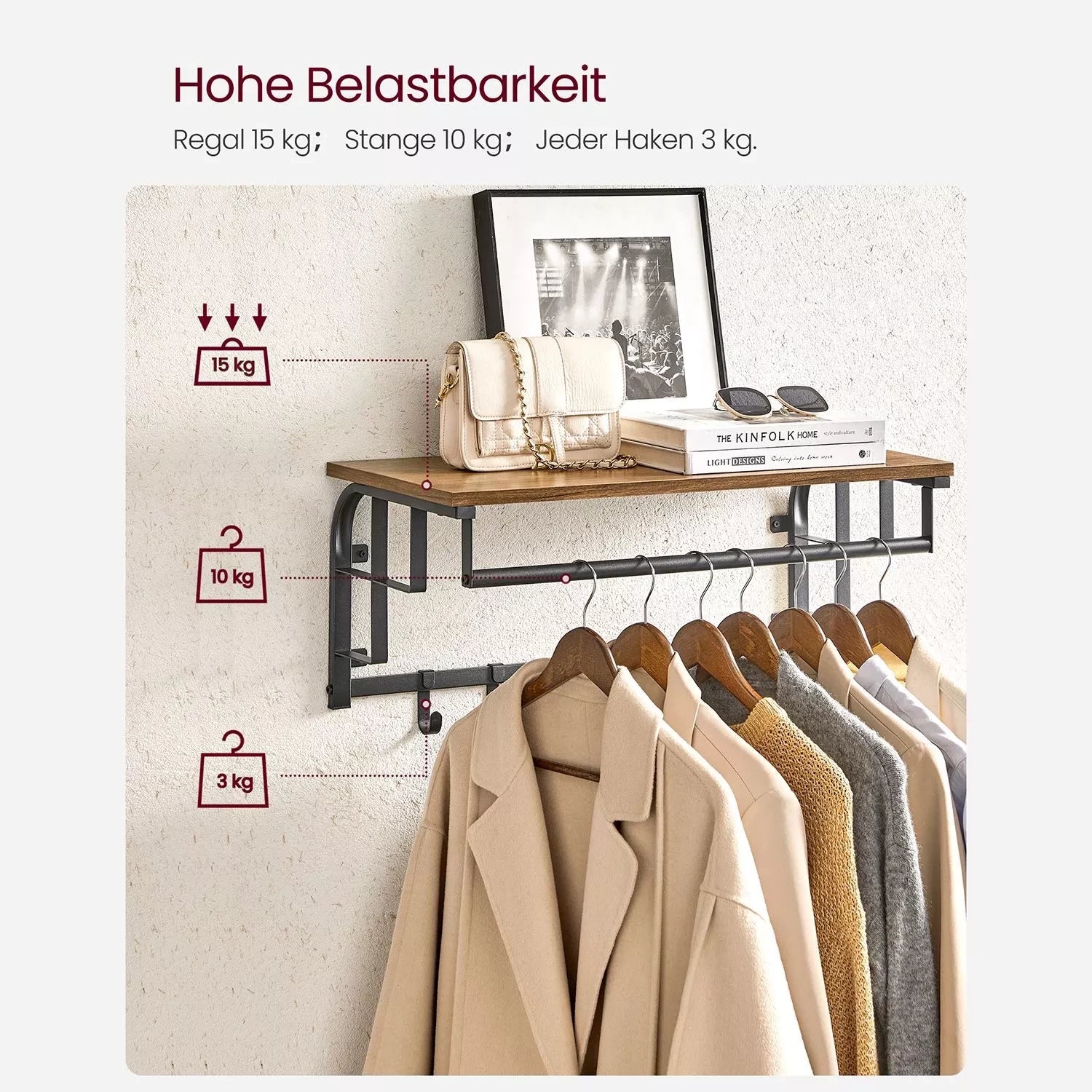 In And OutdoorMatch Wandkapstok Sammy - met Plank - Wandplank - met 10 Verwijderbare Haken - Hangplank - Wandmontage - 2 Kapstokken - Kledingstang - voor Hal - Slaapkamer - Badkamer - Vintage Bruin/Zwart Kapstok