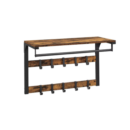 In And OutdoorMatch Wandkapstok Sincere - met Plank - Wandplank - met 10 Verwijderbare Haken - Hangplank - Wandmontage - 2 Kapstokken - Kledingstang - voor Hal - Slaapkamer - Badkamer - Vintage Bruin/Zwart Kapstok