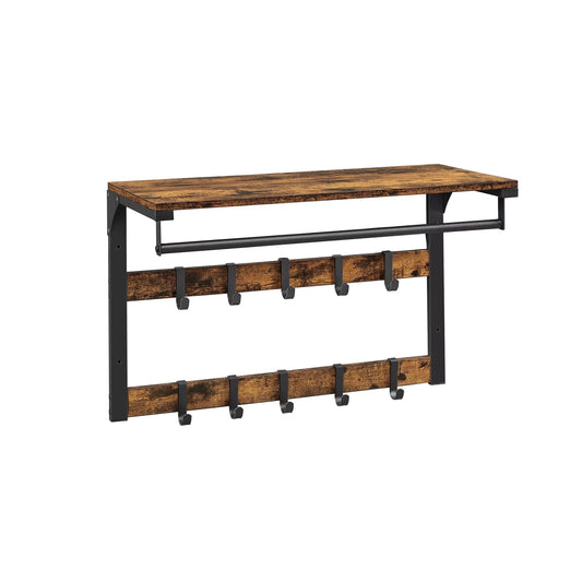 In And OutdoorMatch Wandkapstok Sincere - met Plank - Wandplank - met 10 Verwijderbare Haken - Hangplank - Wandmontage - 2 Kapstokken - Kledingstang - voor Hal - Slaapkamer - Badkamer - Vintage Bruin/Zwart Kapstok
