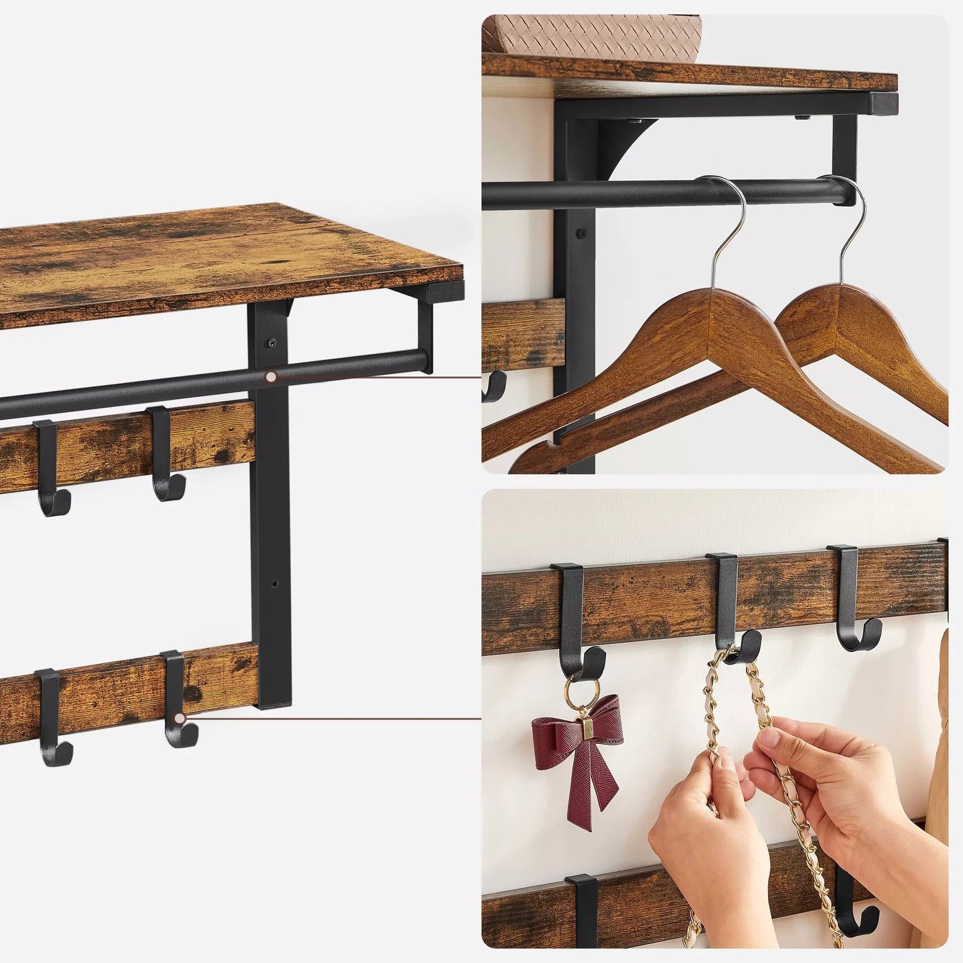 In And OutdoorMatch Wandkapstok Sincere - met Plank - Wandplank - met 10 Verwijderbare Haken - Hangplank - Wandmontage - 2 Kapstokken - Kledingstang - voor Hal - Slaapkamer - Badkamer - Vintage Bruin/Zwart Kapstok