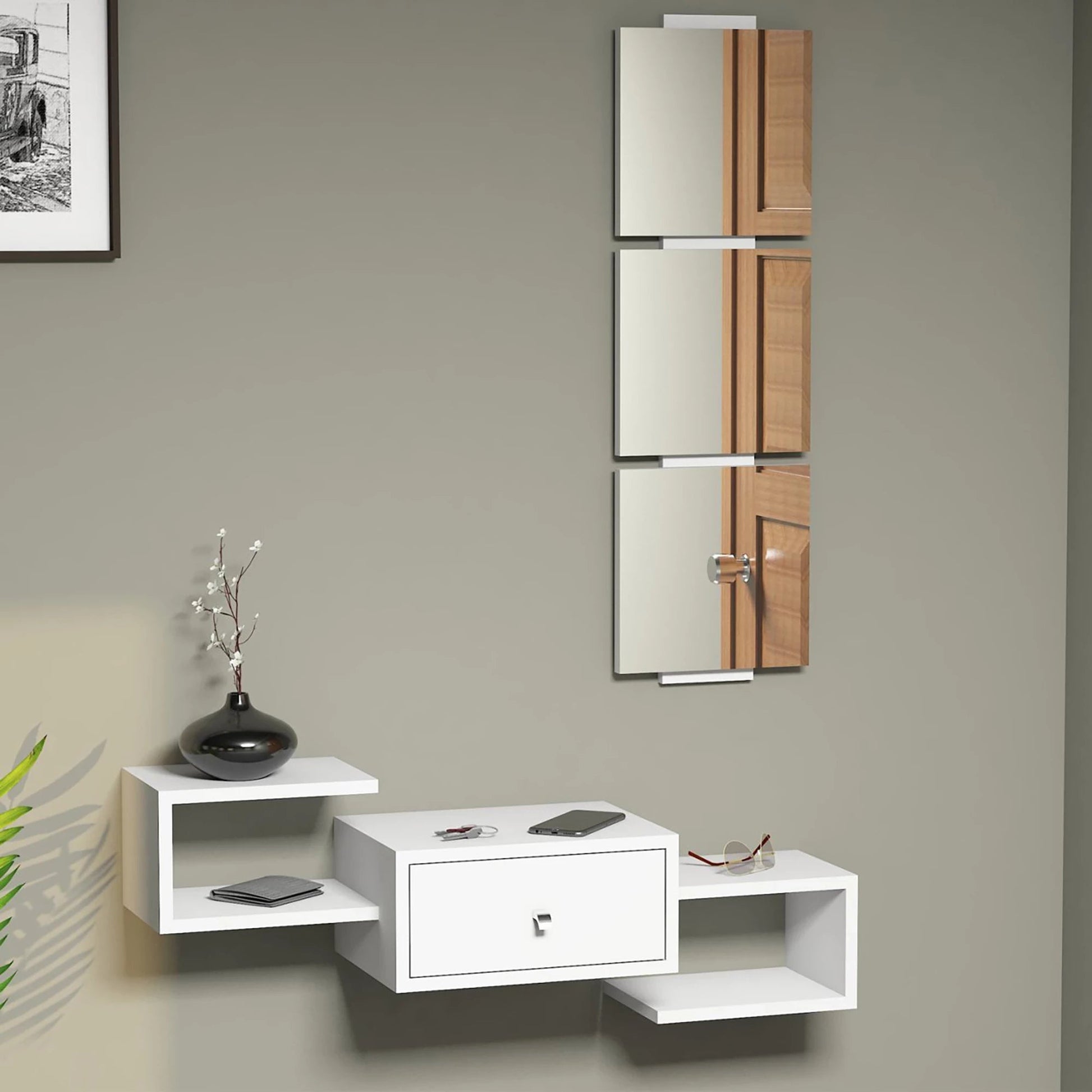 In And OutdoorMatch Wandplank Eriberto - Met Spiegel - Wit - Spaanplaat en Glas - Eenvoudige Montage - Stijlvol Design Wandplank