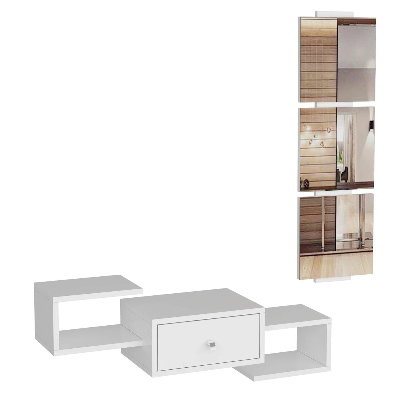 In And OutdoorMatch Wandplank Eriberto - Met Spiegel - Wit - Spaanplaat en Glas - Eenvoudige Montage - Stijlvol Design Wandplank