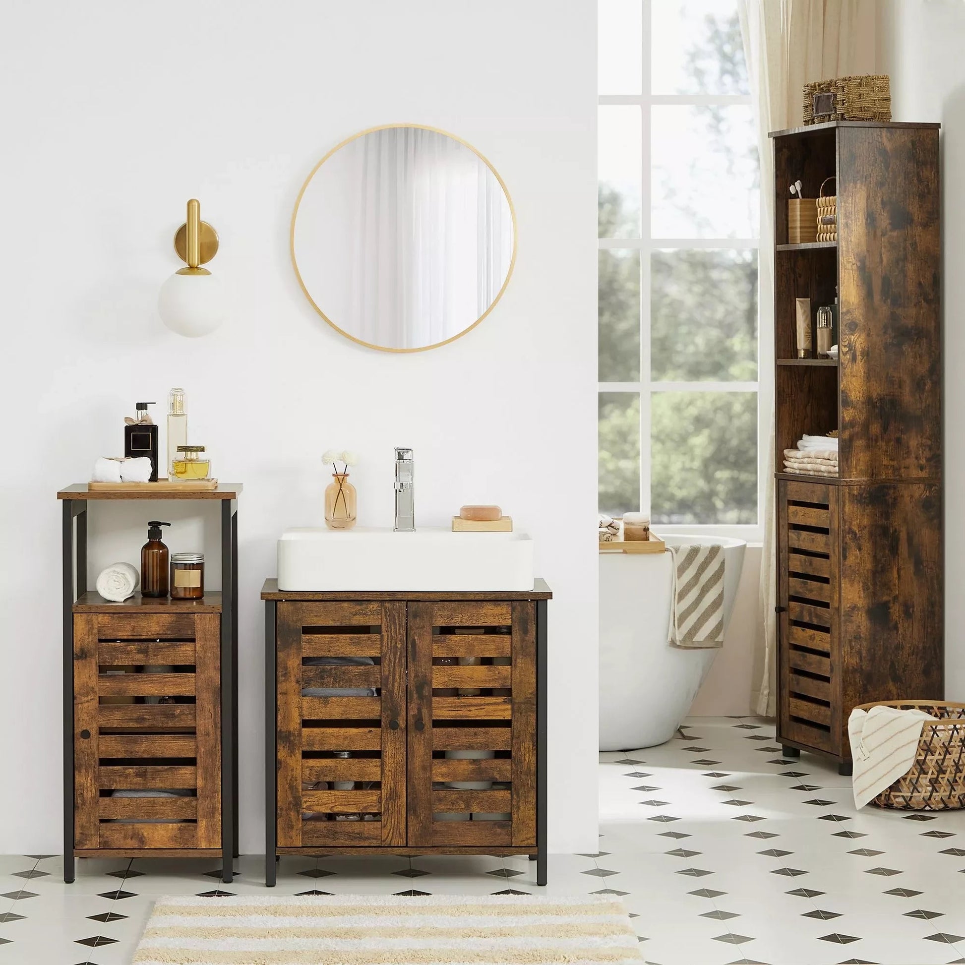 In And OutdoorMatch Wastafelmeubel Frederick - Badkamermeubel - 60x30x60cm - Stalen Frame - Opbergkast - Met 2 Lattendeuren - Verstelbare Plank - Industrieel Design - Vintage Bruin/Zwart Badkamerkast