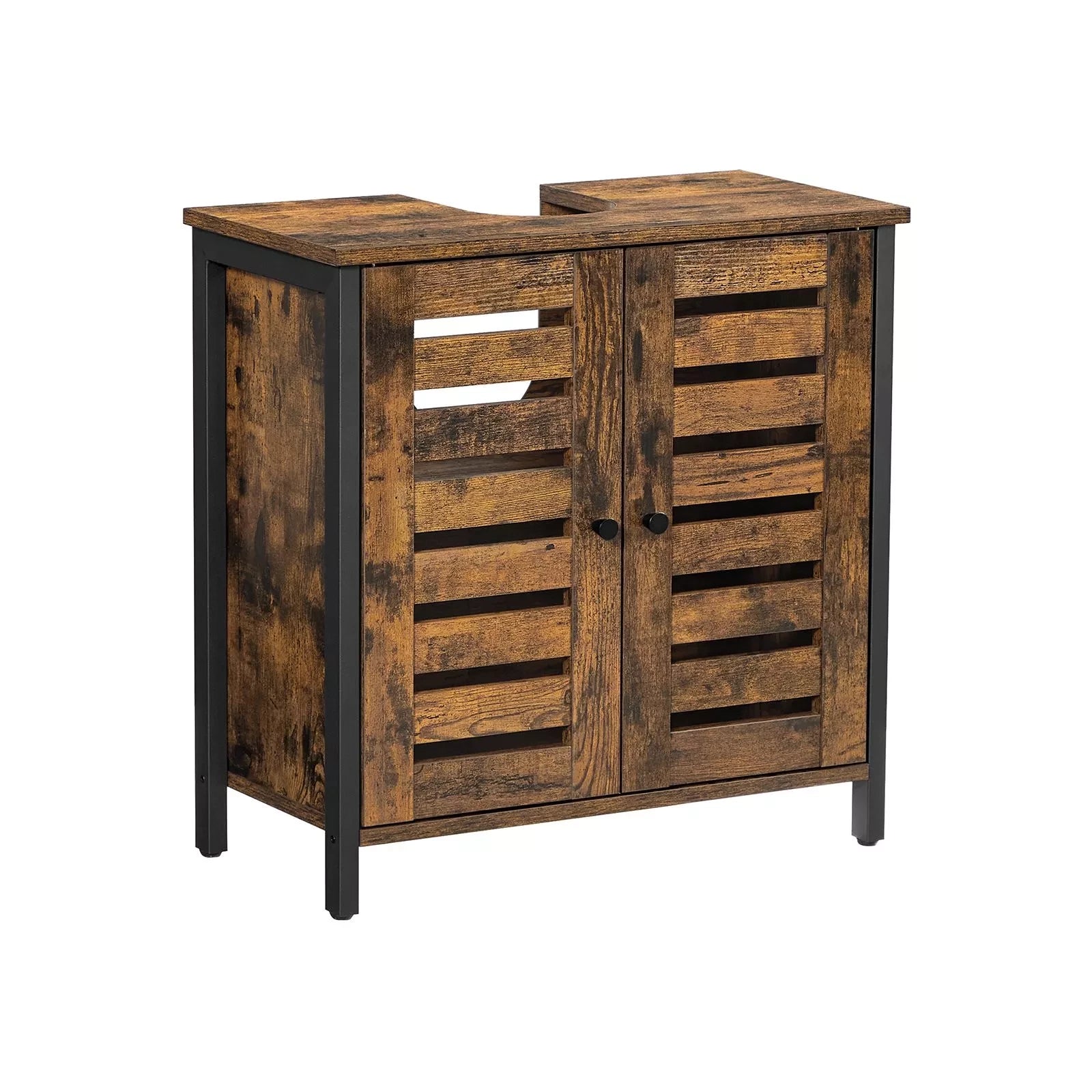 In And OutdoorMatch Wastafelmeubel Frederick - Badkamermeubel - 60x30x60cm - Stalen Frame - Opbergkast - Met 2 Lattendeuren - Verstelbare Plank - Industrieel Design - Vintage Bruin/Zwart Badkamerkast