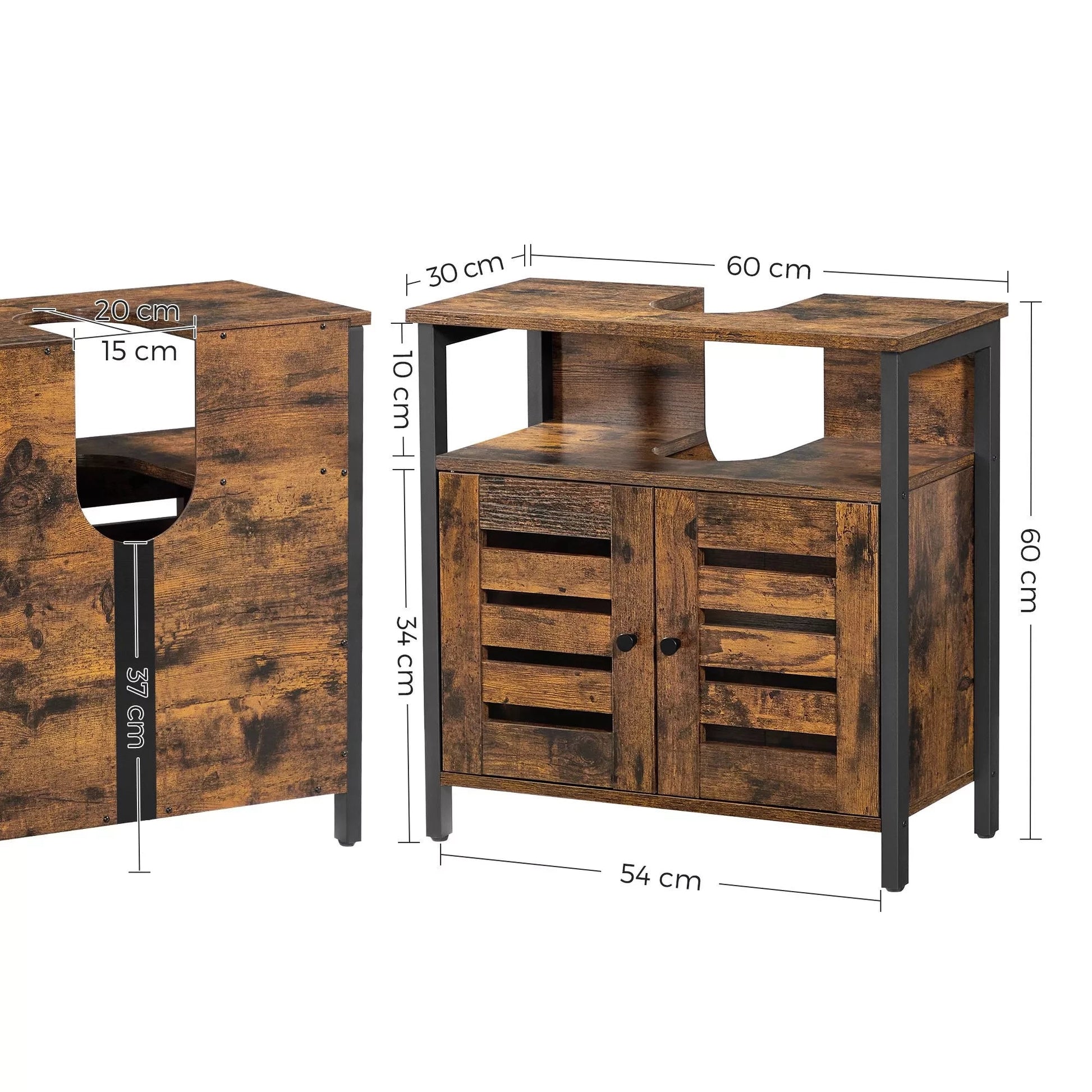 In And OutdoorMatch Wastafelmeubel Wendy - Badkamerkast - 60x30x60cm - Stalen Frame - Opbergkast - Met 2 Lattendeuren - Verstelbare Plank - Industrieel Design - Vintage Bruin/Zwart Badkamerkast