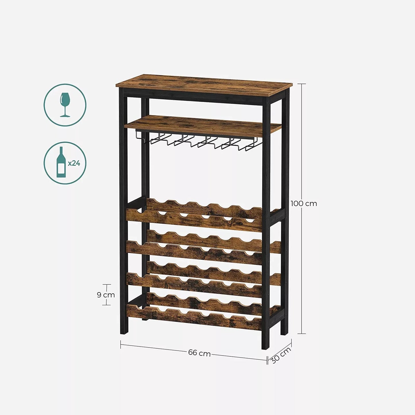 In And OutdoorMatch Wijnrek Clarissa - 24 Flessen Wijnrek - Wijnkast - Vrijstaand - Flessenrek met Glashouders - voor Keuken - Bar - Eetkamer - Vintage Bruin/Zwart storage rack