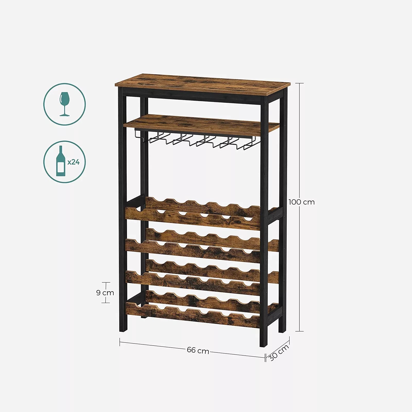 In And OutdoorMatch Wijnrek Clarissa - 24 Flessen Wijnrek - Wijnkast - Vrijstaand - Flessenrek met Glashouders - voor Keuken - Bar - Eetkamer - Vintage Bruin/Zwart storage rack