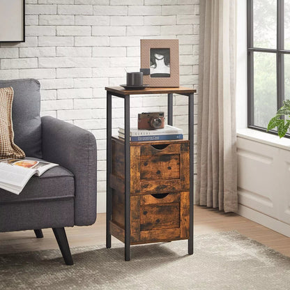 In En OutdoorMatch Kast Lewis- 2 Lade - Open Vak - Dressoir - Badkamerkast - 37x30x80cm - Vintage - Bruin Zwart Badkamerkast