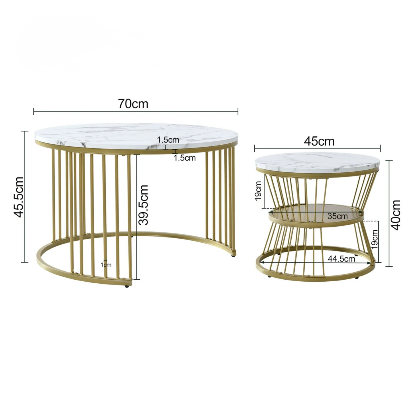 Salontafel set - Rond - Marmerlook - Wit/Goud