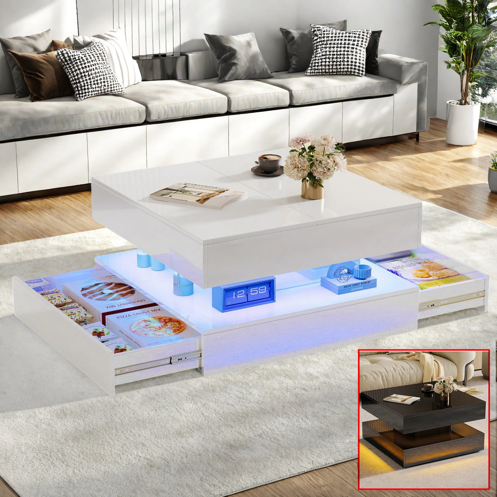 Hoogglans Salontafel - RGB LED-verlichting, Opbergladen, 60 × 60 cm, Wit/Zwart
