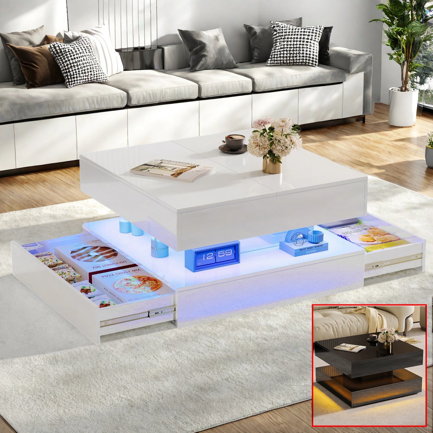 Hoge-gloss Koffertafel - Met RGB LED Licht - 1,5cm MDF - 53x53x30cm, Wit/Zwart