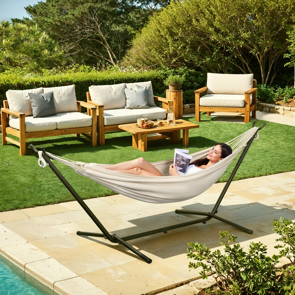 EUGAD Portable Double Hammock with Heavy Duty Stand 250kg Capacity 2 Person Outdoor Hanging Swing Bed for Camping Garden 280x106x100cm
