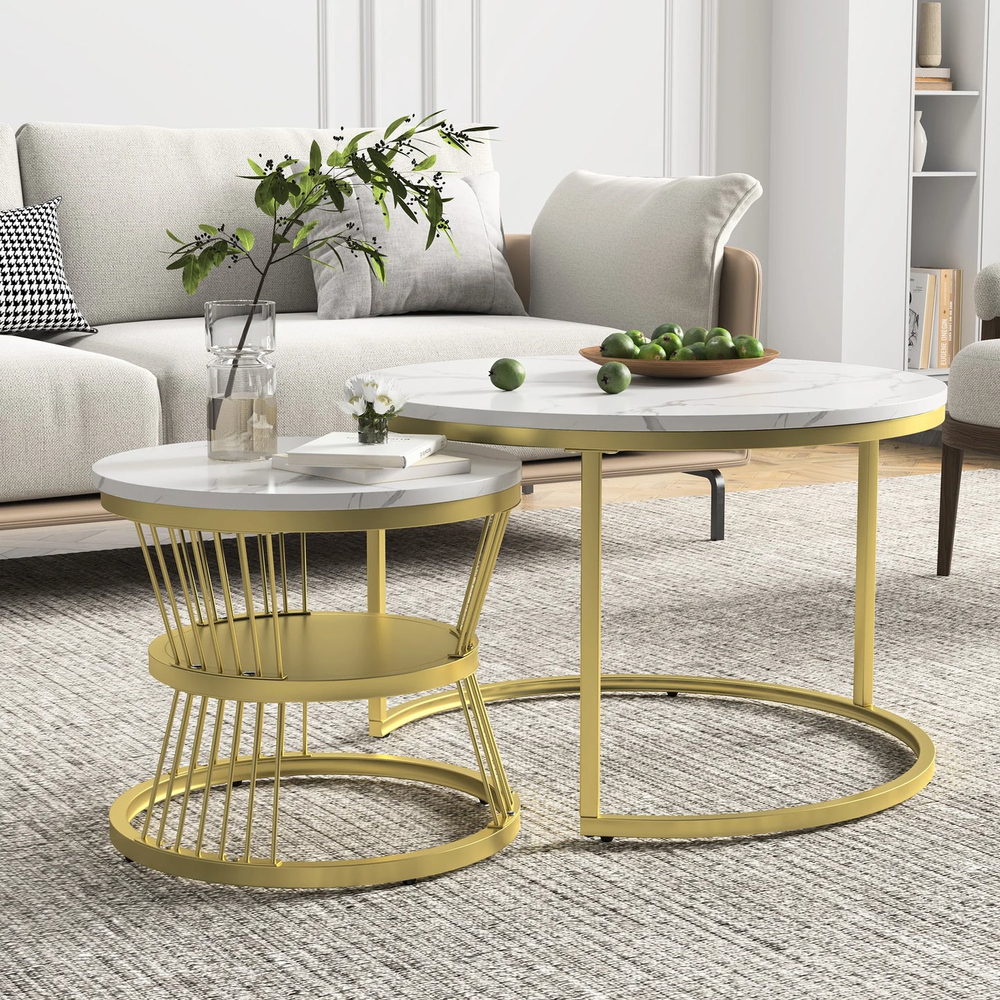 Salontafel - Wit Tafelblad - Zwarte Metalen Frame - Marmeren Patroon
