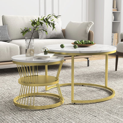 Salontafel - Wit Tafelblad - Gouden Metalen Frame - Marmerpatroon