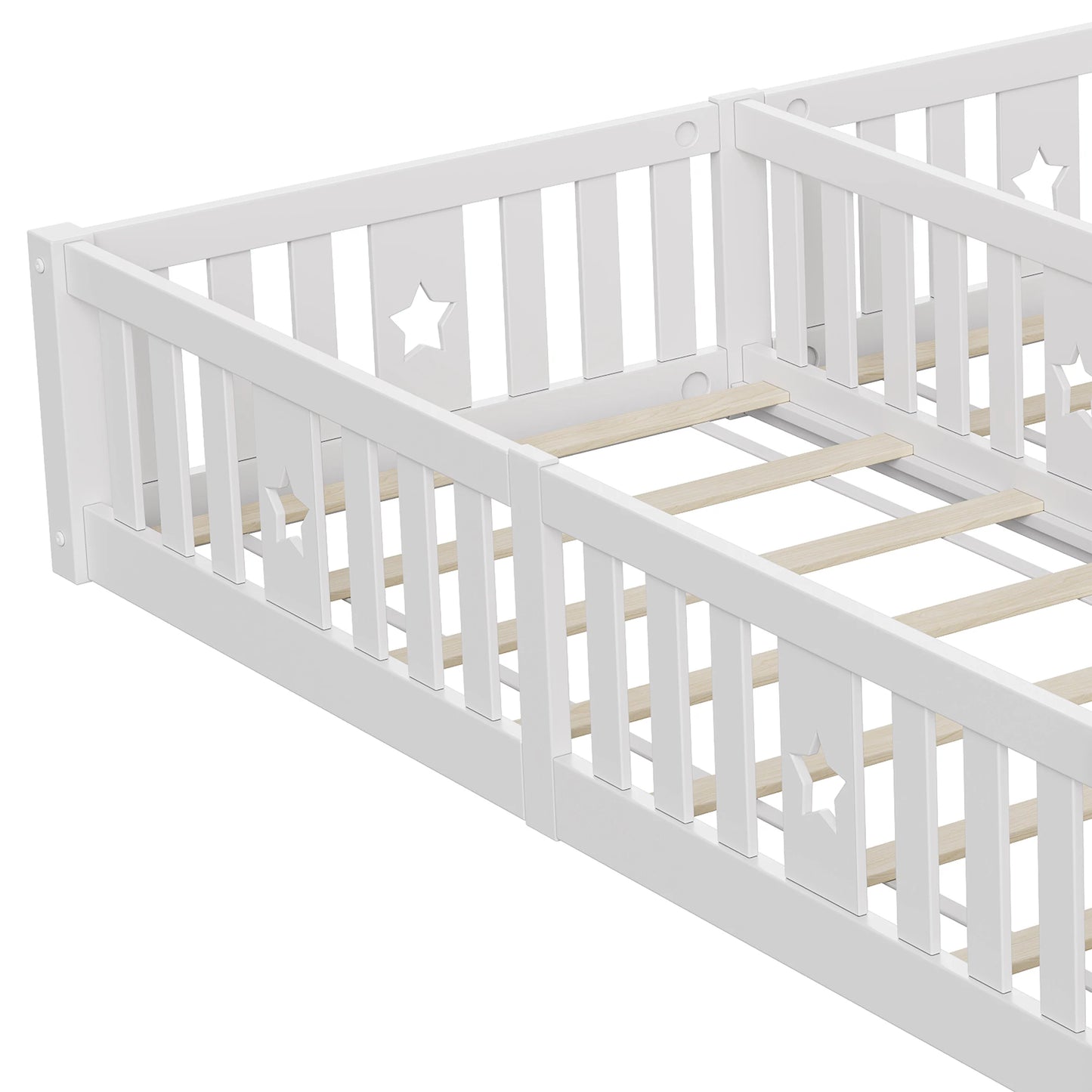 Houten Vloerbed met Speelhekken - 2 Pakketten - 53x10x60cm, Grijs/Wit