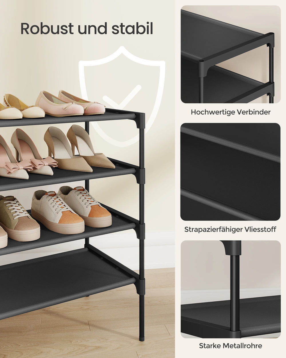 SONGMICS shoe rack 4 Layers Shoe storage Entrance Space Saving Metal Frame Nonwoven Fabric Rack Black