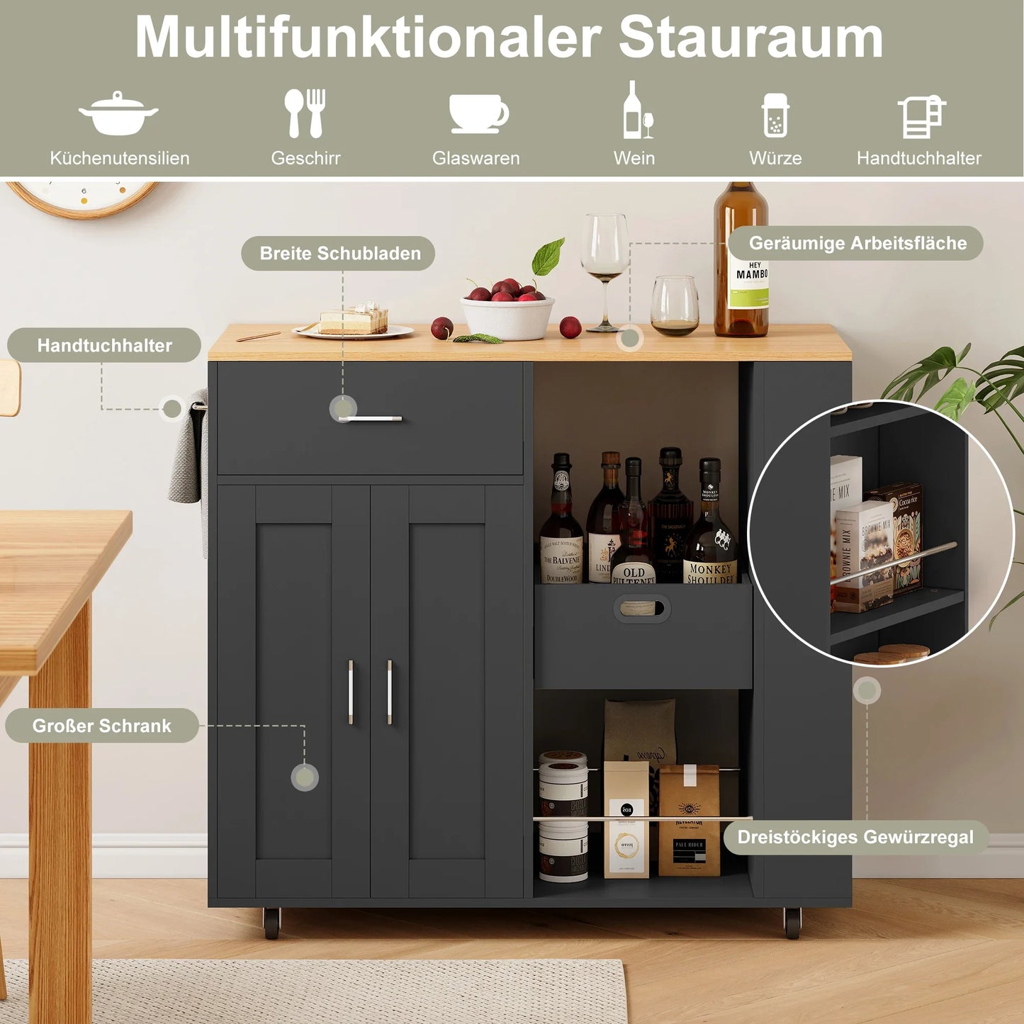 Keukentrolley - Zwart - Met Wielen En Extra Opbergruimte