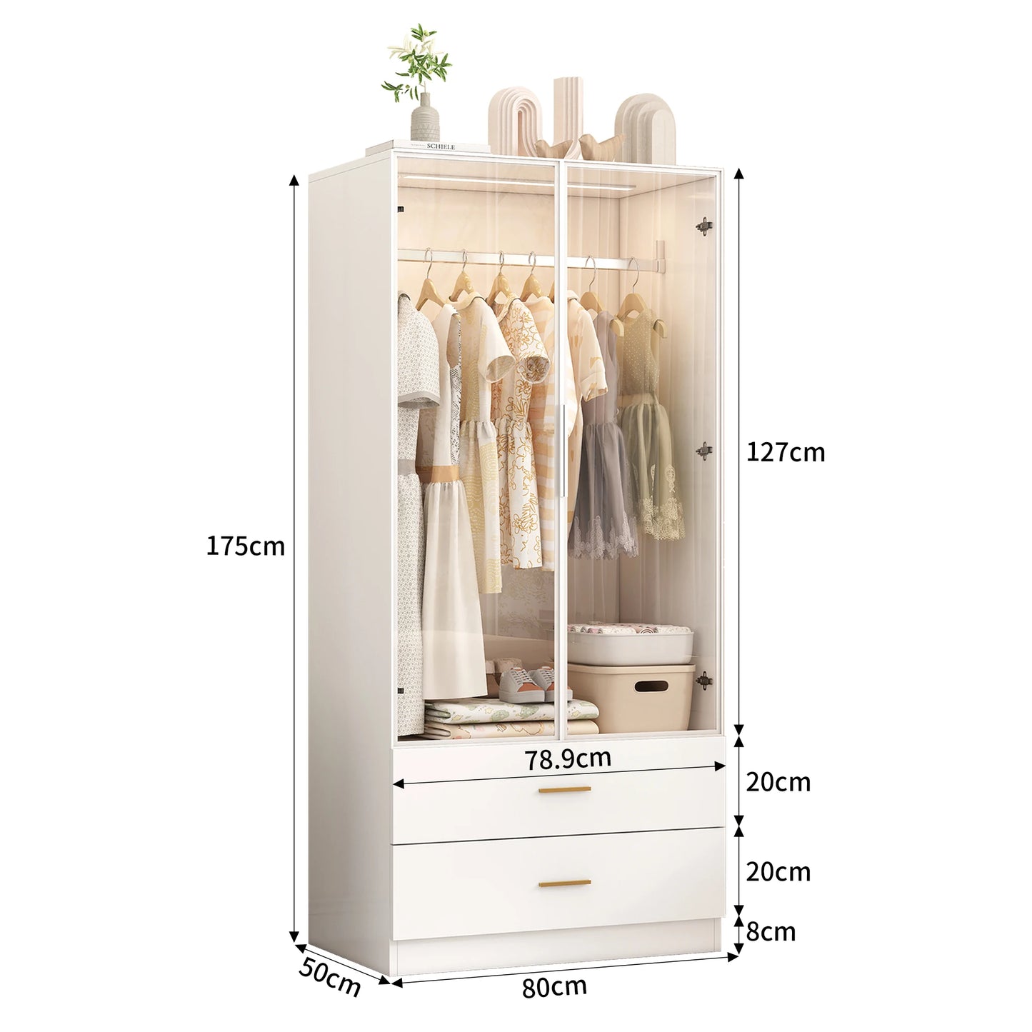Kast met LED Licht en Hangstang - 2 Opbergruimtes - 80x50x175cm, Wit