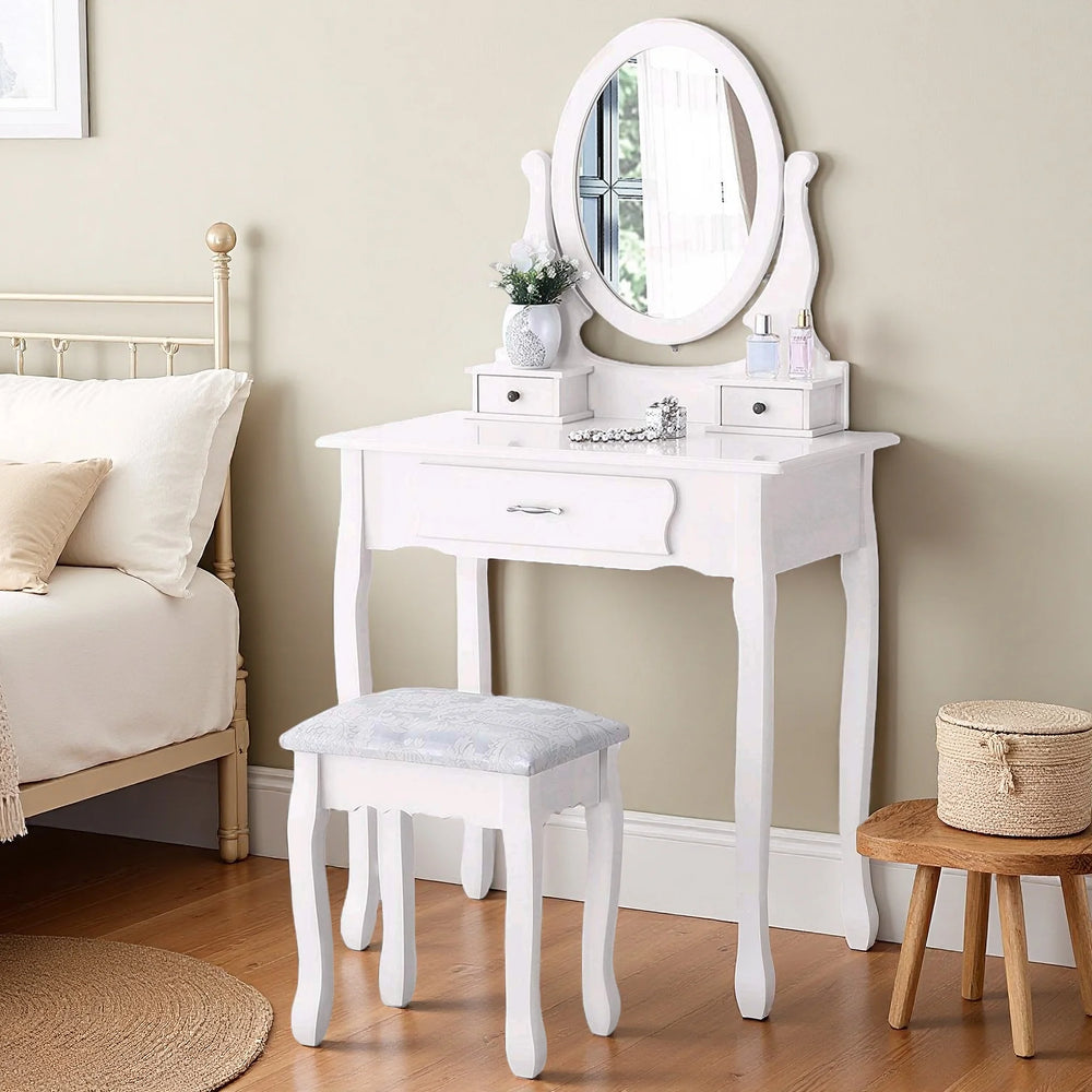 Kunstleren Vanitytafel - Set met Spiegel en Stoel - 3 Laden - Wit