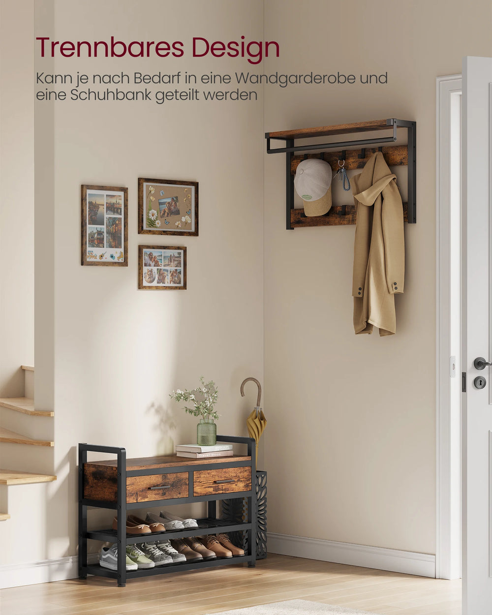 VASAGLE coat rack, Separable Design, coat rack with Shoe Bench