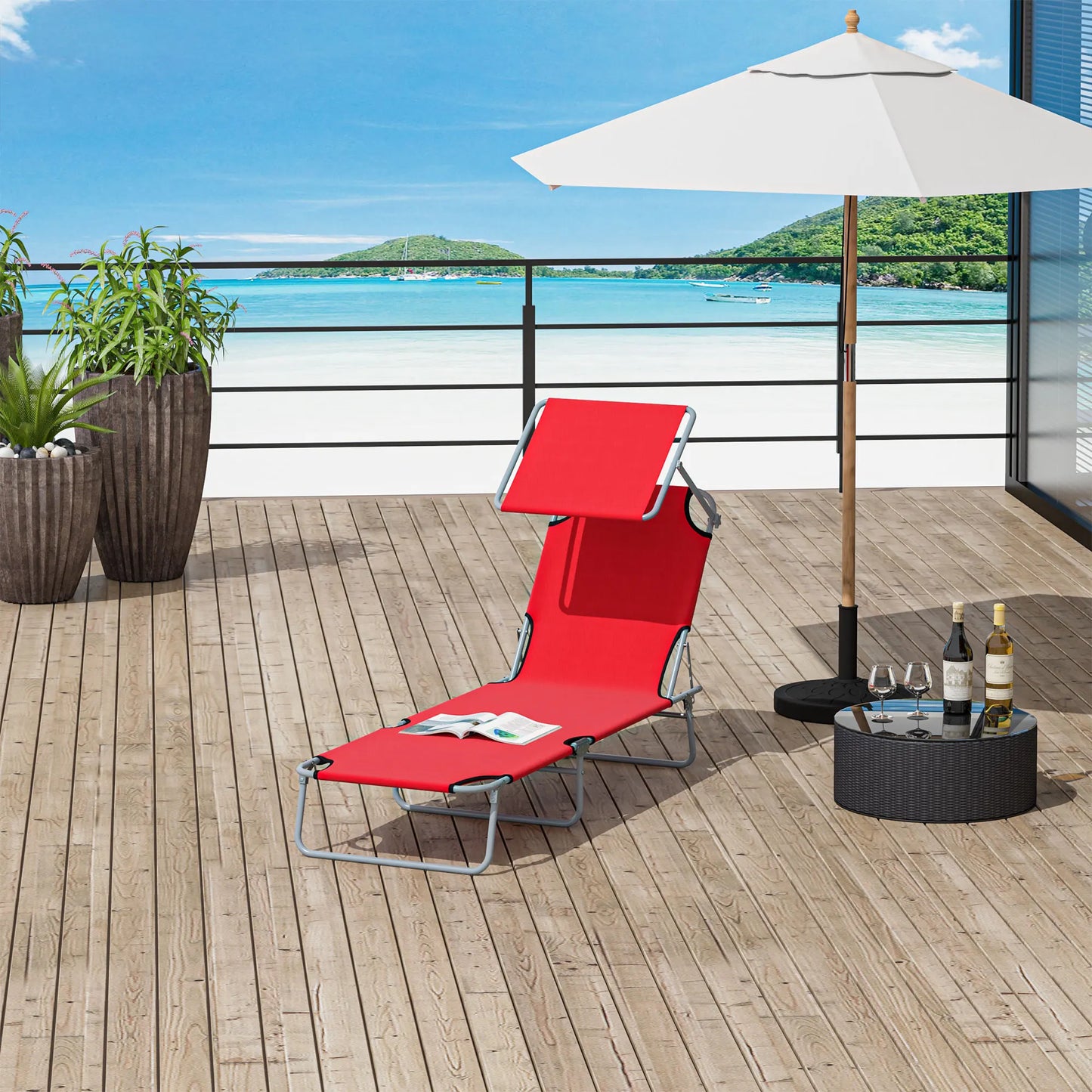 Loungestoel - Verstelbaar - Met Zonwering - Rood