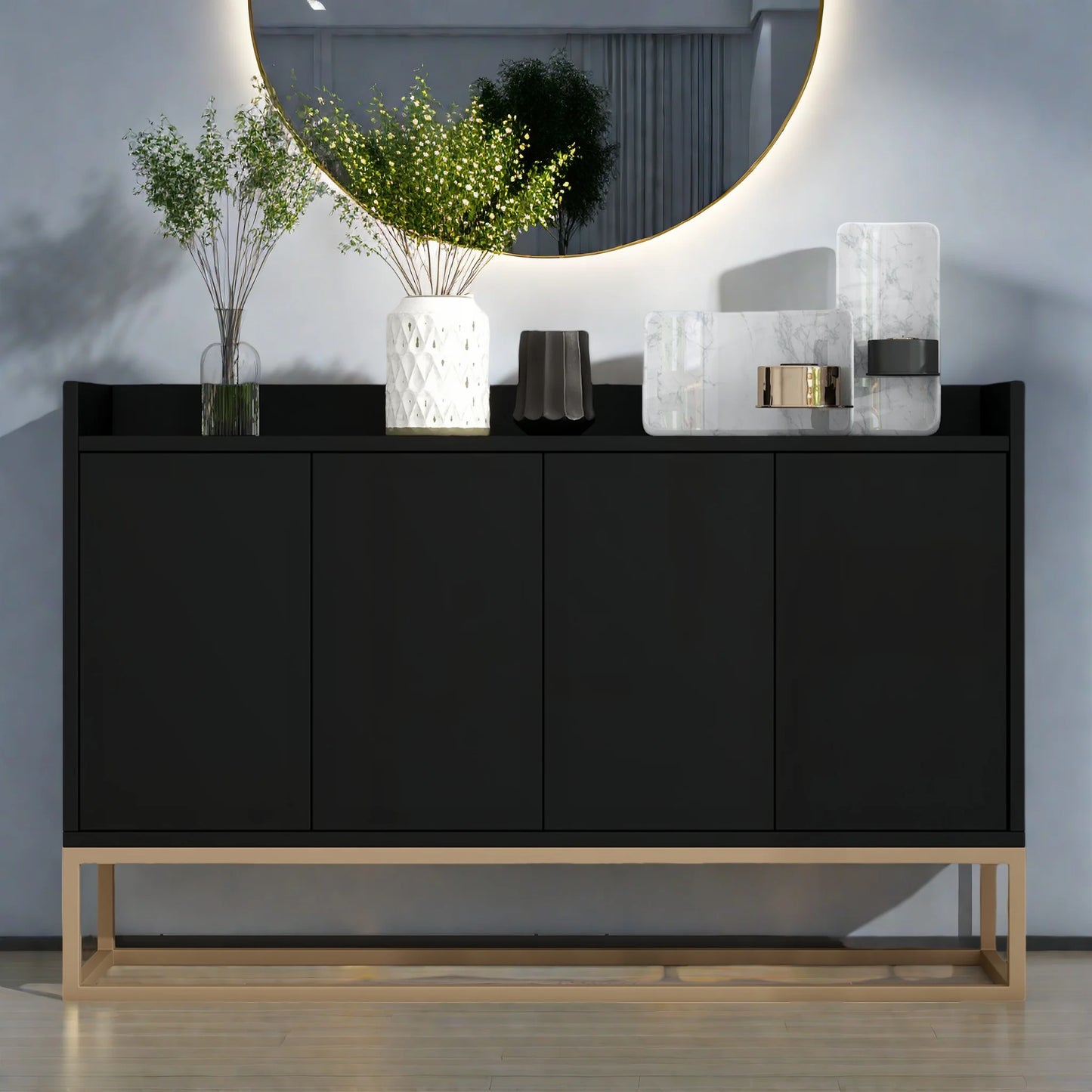 Houten 4-deurs Sidekast - 120x30x80cm, Wit & Zwart