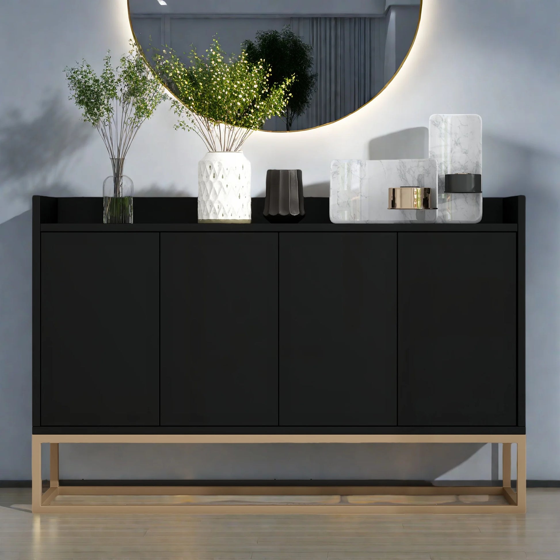 Houten 4-deurs Sidekast - 120x30x80cm, Wit & Zwart