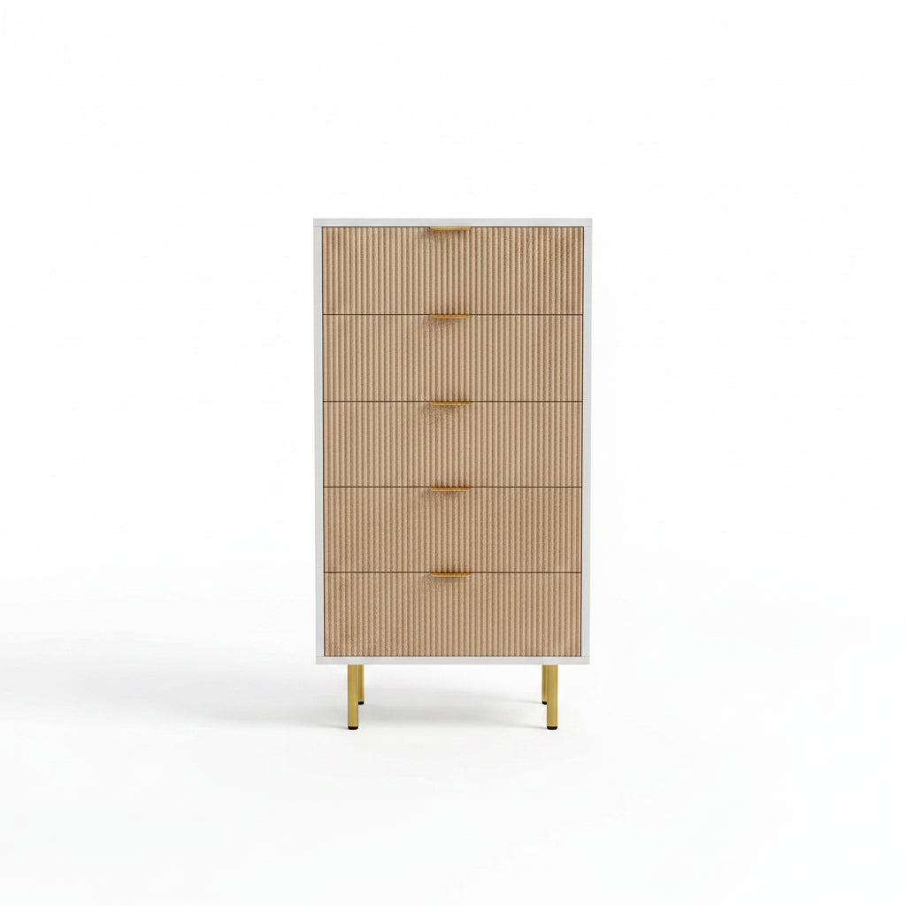 Moderne Ladekast met 5 Laden – Wit & Houtlook- Gouden Details