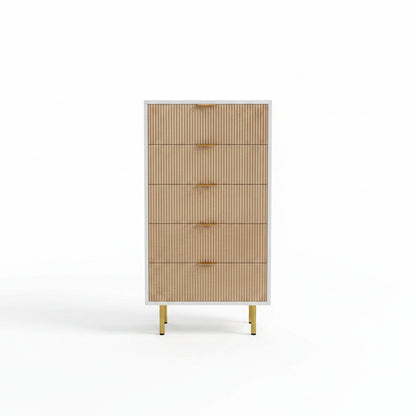 Moderne Ladekast met 5 Laden – Wit & Houtlook- Gouden Details
