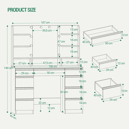 Dressing Table with 10 LED Light Balls,Adjustable Brightness,Large HD Mirror,1 Large Drawer and 8 Small Drawer Cabinets