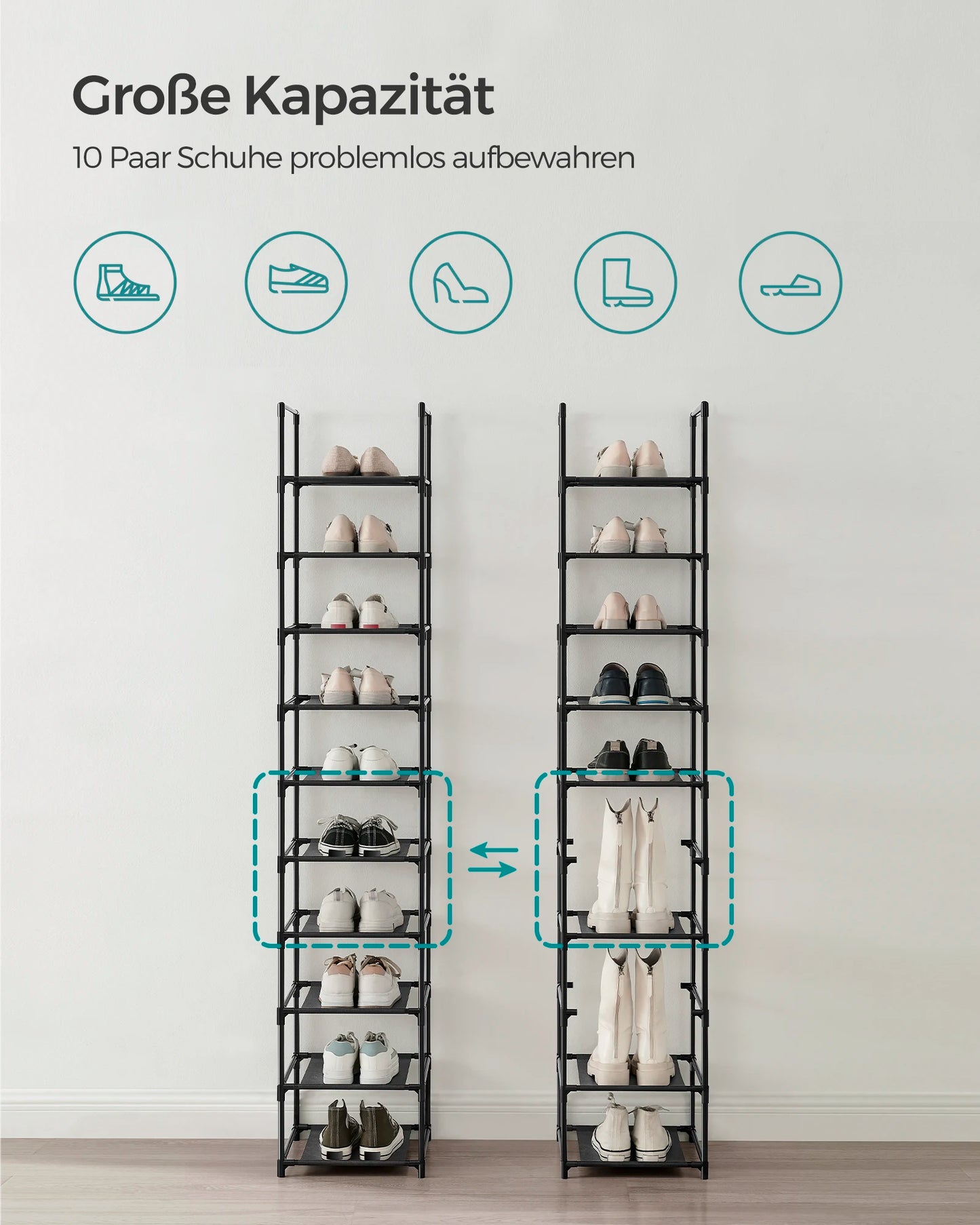 SONGMICS shoe rack 10 Layers Shoe shelf Shoe storage, 33x33x173 cm, Metal Rher, Nonwoven