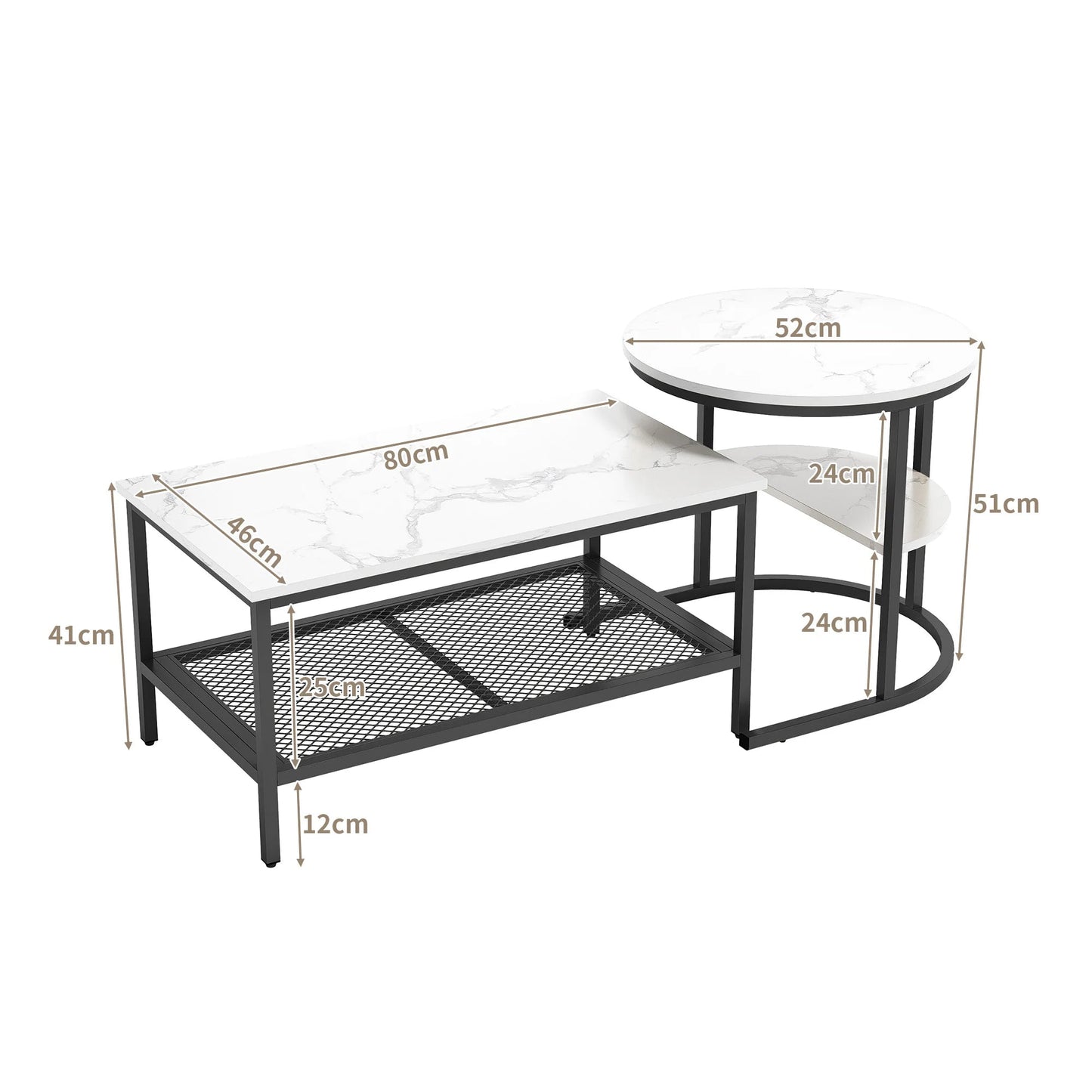Salontafel Set - 2-Delig - Rond En Rechthoekig - Zwart En Wit