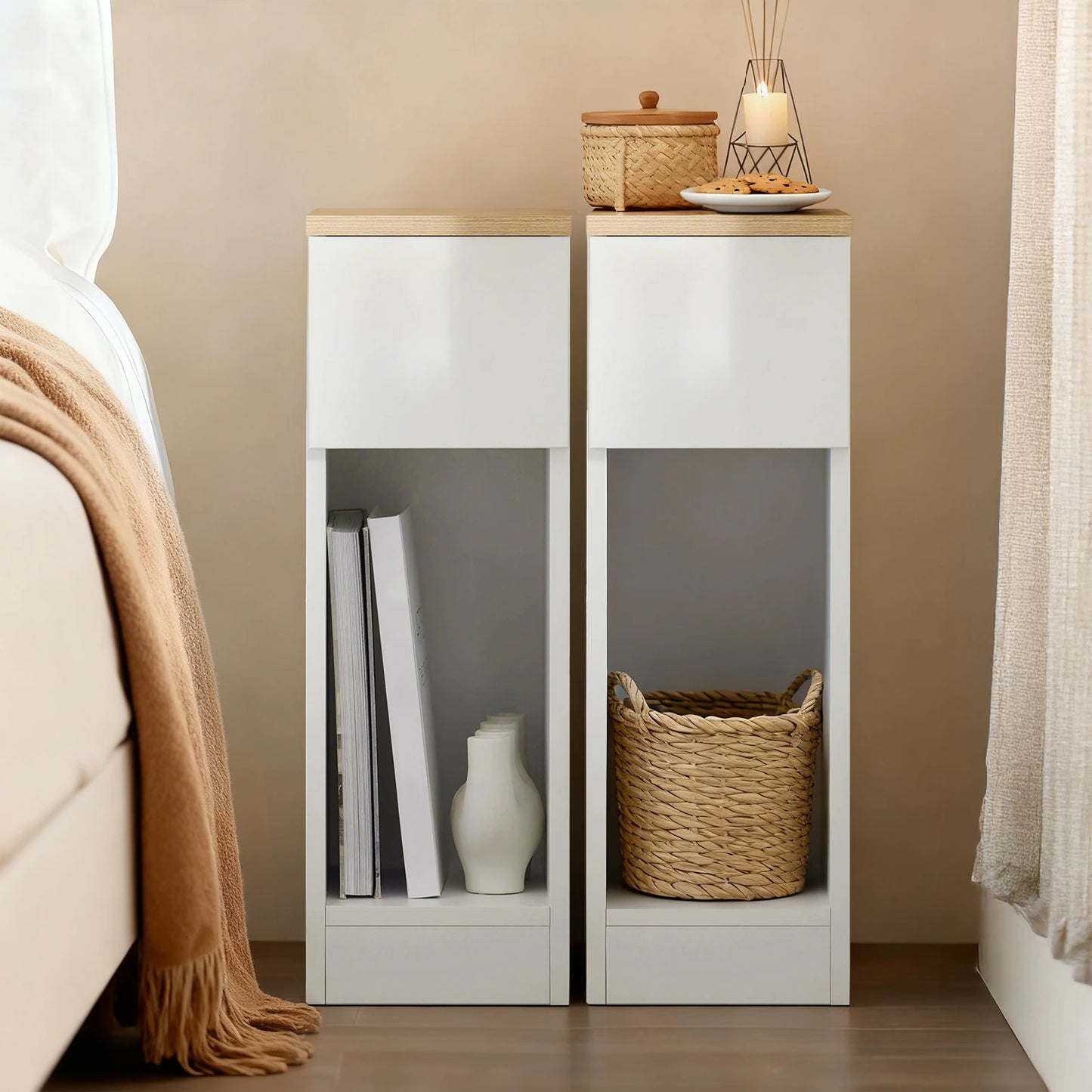 SoBuy FBT111x2 bedside table 2-piece set with drawer for box spring bed, sofa table, 2 narrow side tables, nightstand