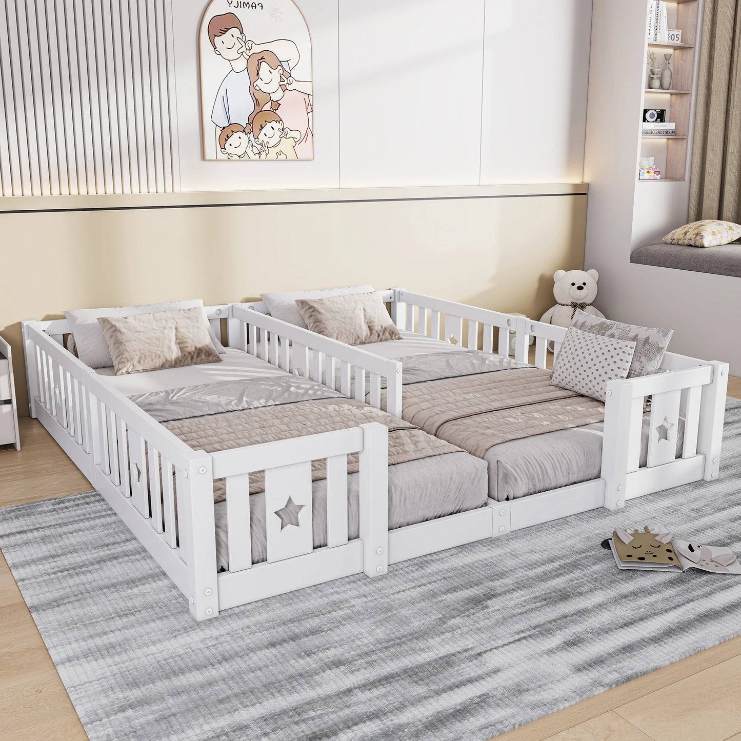 Houten Vloerbed met Speelhekken - 2 Pakketten - 53x10x60cm, Grijs/Wit