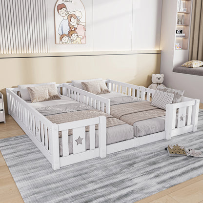 Houten Vloerbed met Speelhekken - 2 Pakketten - 53x10x60cm, Grijs/Wit