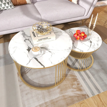 Salontafel set - Rond - Marmerlook - Wit/Goud