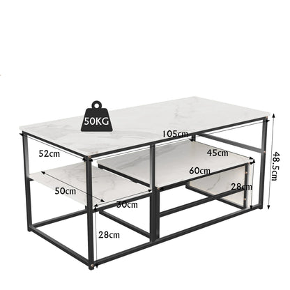 Salontafel - 2-delig - Wit Tafelblad - Zwart - Metalen Frame