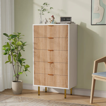 Moderne Ladekast met 5 Laden – Wit & Houtlook- Gouden Details