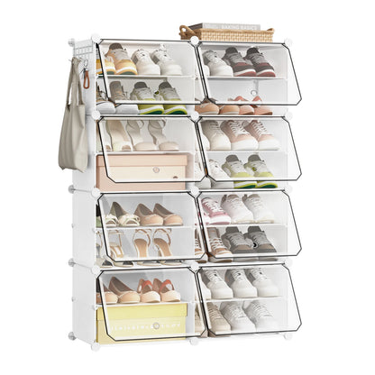 WOLTU Foldable Modular DIY Shoe Cabinet Transparent PP Stackable Shoe Cube Storage Organizer with Door Hook for Hallway Living Room