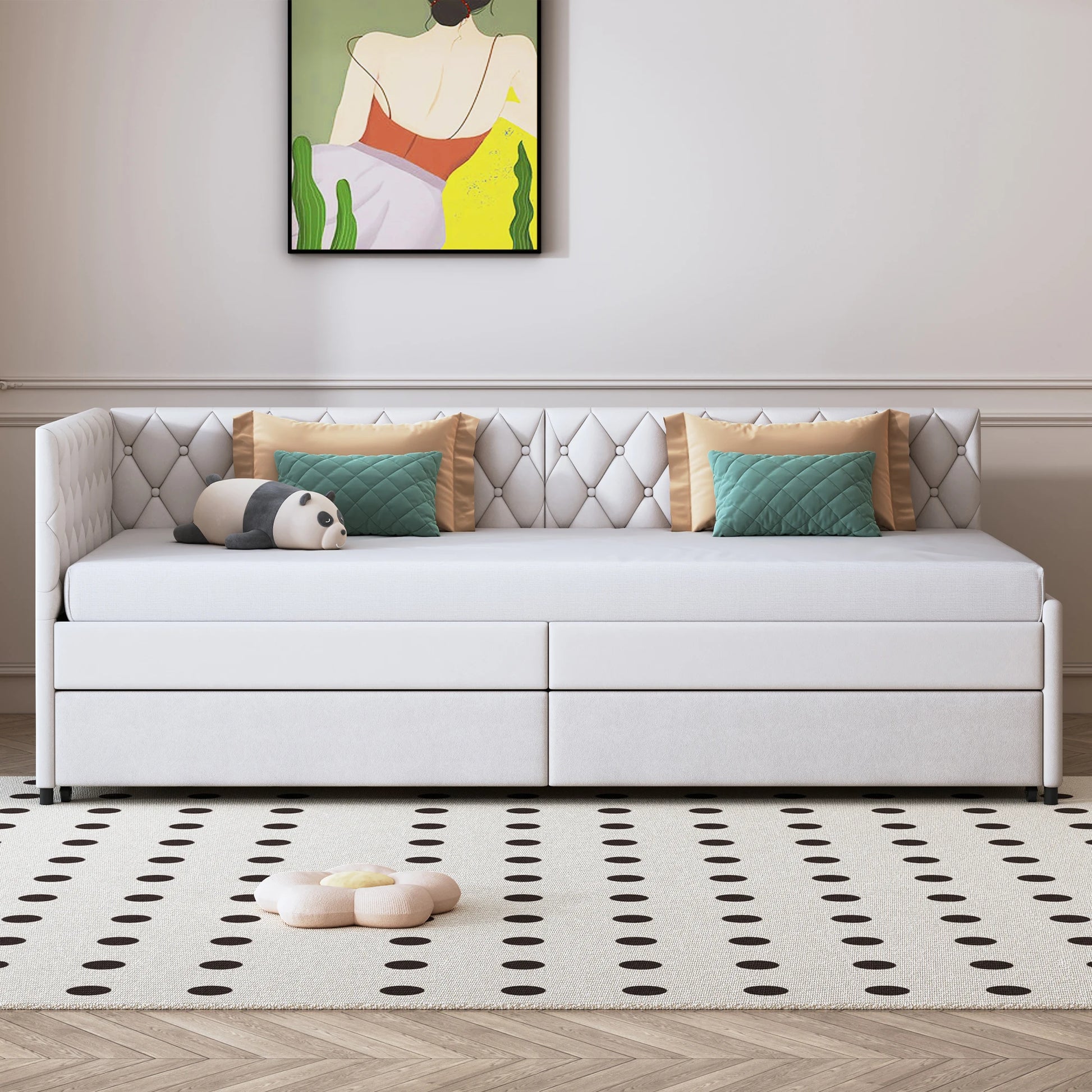 Velveten Extensieve Bankstel - 90x200cm - Grijs/Wit - 12cm Mattras