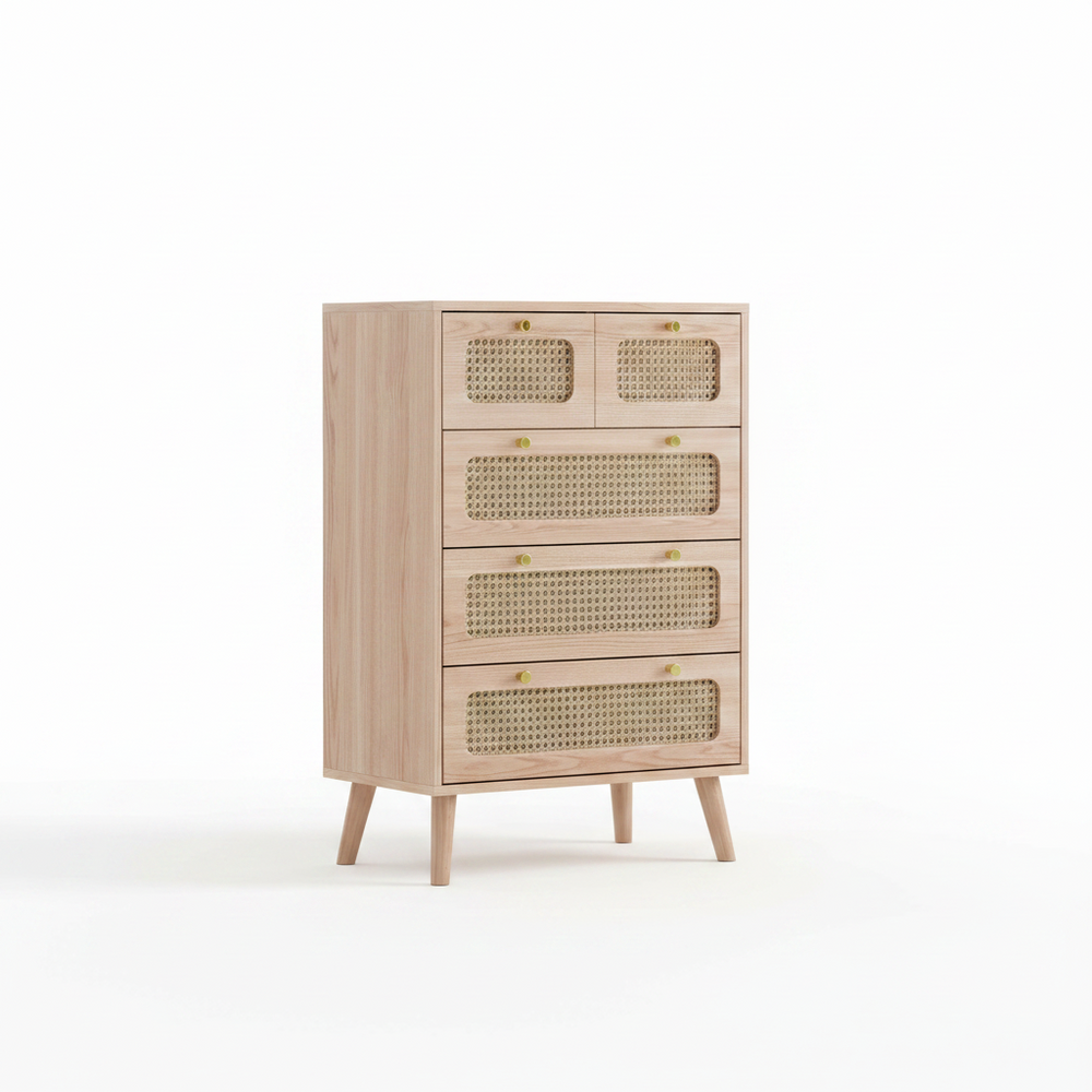 Dressoir met 5 Laden - Rattan Details - Ruime Opbergruimte - Kaki
